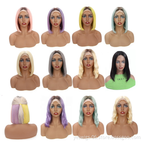 1b/Neon Color Lace Front Bob Wig HD Short 1B 613 Blonde Pink Blue Gray Hot Pink Neon Purple Rainbow Hair Ombre Color Bob Wig
